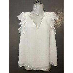 1.STATE Blouse Womens Small White Ruffle Flutter Sleeve V Neck Lined Top